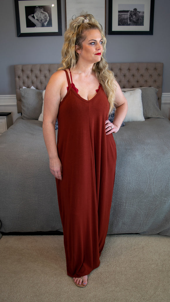 Everyday Chic V-Neck Cami Maxi Dress With Side Pockets - Fired Brick