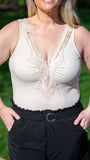 Seduce Me: Cream Lace/Crochet Sleeveless V-Neck Ribbed Bodysuit