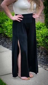 Going Places: Black Mid-Rise Wide Leg Pant w/Side Slits