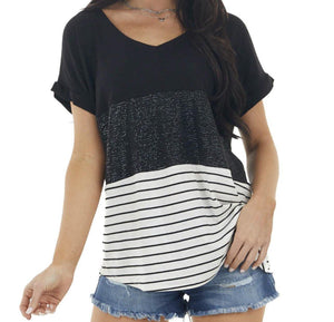 Champagne Toast Black Sequin Color Block Top - Black + - Fate & Co. Plus Size. Sparkle and shine in this super fun black sequin color block top! This curvy and confident top features mini black sequins, stripes , a v-neckline and soft round hemline ! Pair this top with any color bottoms (white is our favorite) or a pair of our awesome faux leather leggings for a sassy yet sweet look!!  96% Poly 4% Spandex  Made is USA