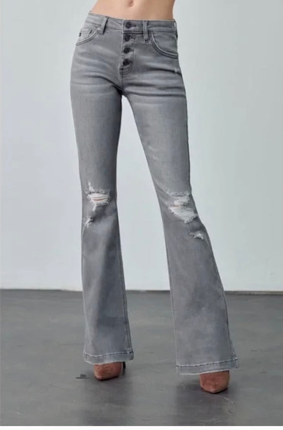 The Juniper - Light Grey Mid Rise Button Up Distressed Flare Jean